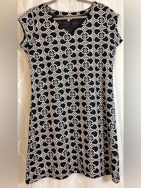 AND Black White Geometric Print Mini Dress | Cap Sleeve A-Line Shift Size 16